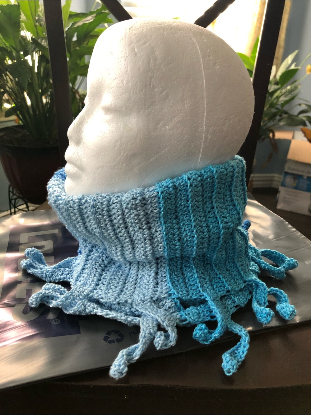 Handmade Blue Crochet Scarf/Cowl with Fringe